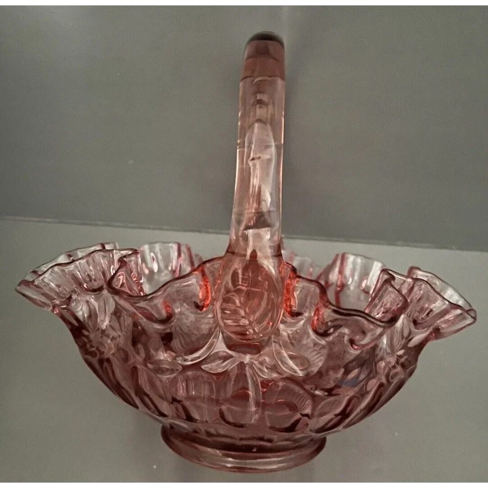 Fenton Cranberry Pink Basket Ruffled Edge Glass Applied Handle Thumbprint VTG
